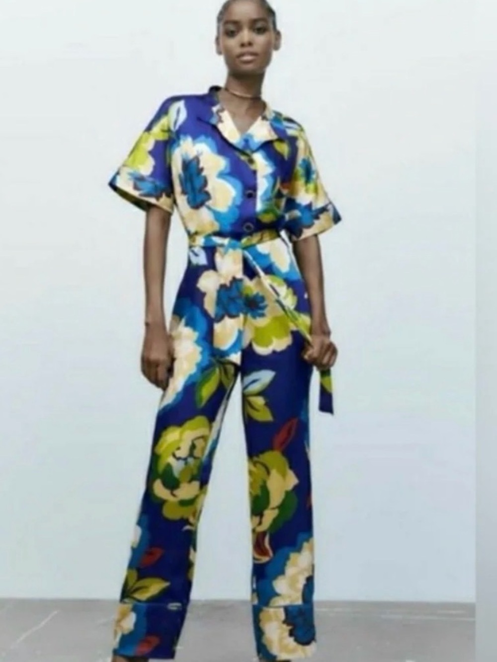 Zara Floral Short-Sleeved Belted Jumpsuit Wide-Leg in Bold Blue Sz XL Satiny